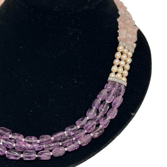 Three Strands Amethyst, Pearl, And Rose Quartz Necklace - Picture 3 of 3